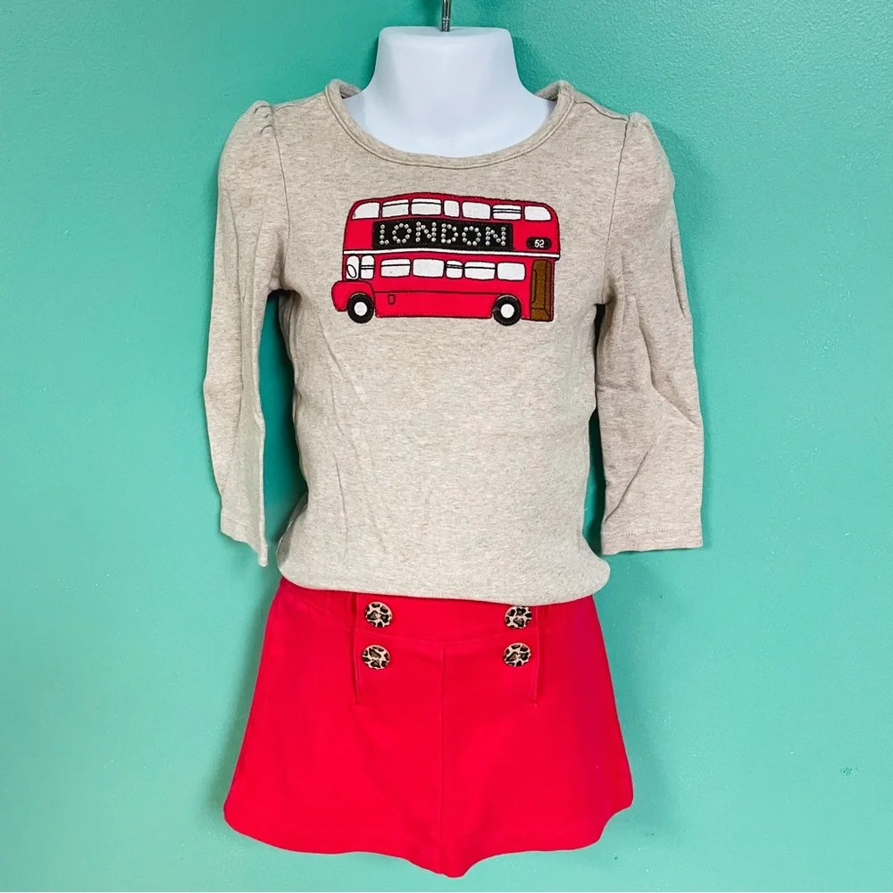 Gymboree Tan & Red London Double Decker Bus Tee & Skirt Outfit Girls Size 3T